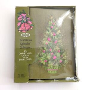 21 Vtg Cleo Christmas Tree Cards Green Pink Tree Splendor Collection Boxed Set
